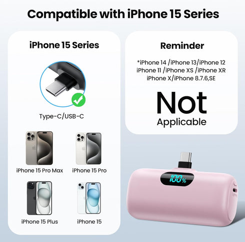 Mini Portable Charger USB C Power Bank 5000mAh, PD Fast Charging Battery Pack with Built-in USB-C Connector for iPhone