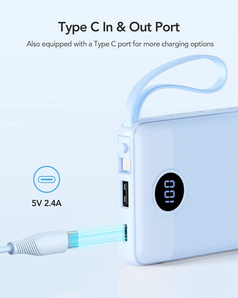 VRURC 10000mAh, 5 Portable Charger for iPhone, Built in Cables & Lanyard Power Bank Compact USB C Charging Bank Outputs