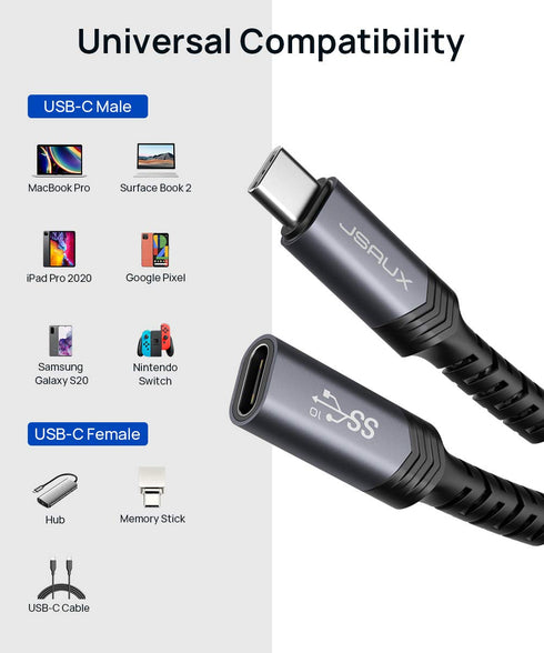 JSAUX USB C Extension Cable 1M/3.3FT, USB 3.2 Extender Cord Male to Female, 100W/5A Fast Charging, 10Gbps Sync Transfer