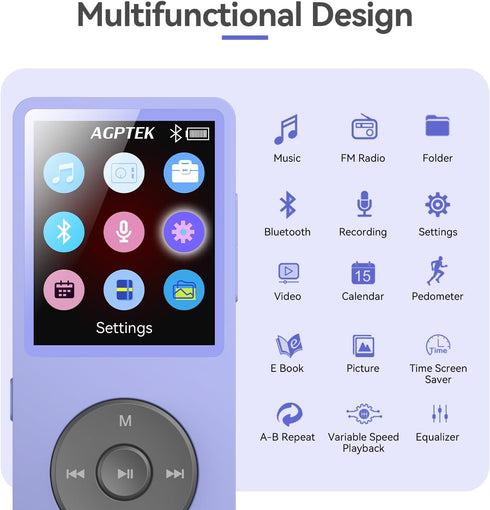 AGPTEK A02 MP3 5.3, 1.8 inch 128GB(Purple, 32GB) Player with Bluetooth Screen Portable Music Player with Speaker, FM