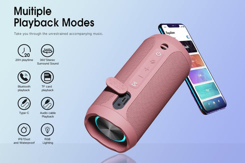 EDUPLINK Portable Bluetooth Speaker, Waterproof IPX7 Wireless Speaker, TWS Pairing Stereo, Long Playtime, Pink