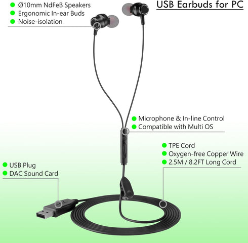 USB Earbuds with 8.2FT Extra Long Cord, in-Ear USB Headphone with Mic for Laptop, Desktop PC, Chromebook,
