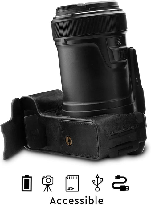 MegaGear MG1533 Nikon COOLPIX P1000 Ever Ready Leather Camera Half Case and Strap - Black, Compact Design