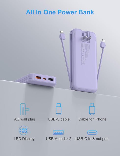 Ffnpua 10000mAh Pack 5 4 Portable Charger with Wall Plug, USB C Power Bank Fast Charging, External Battery with Built