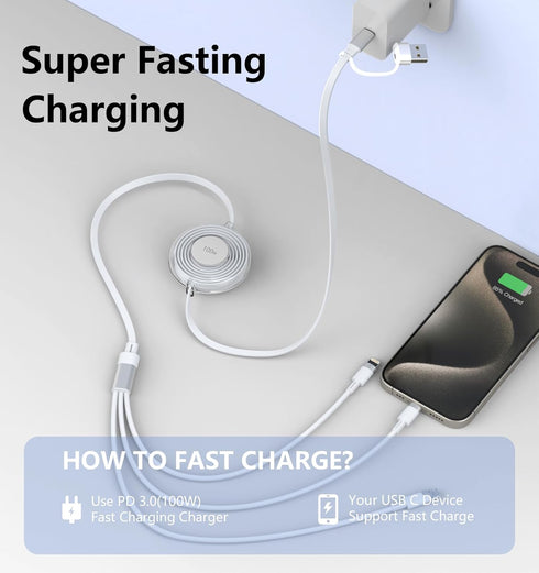 Retractable Charging Cable 100W, Multi 5 in 1 USB C Cable, Fast Charging Cord for iPhone 16/15/14/13, Samsung, MacBook,