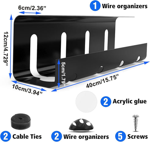Under Desk Cable Management Tray, 2 Pack Steel Wire Organizer, No Drill 15.7 in Black Cable Raceway for Cords