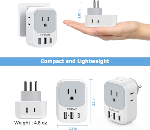 TESSAN Israel Power Adapter, US to Israel Plug Adapter with 4 American Outlets, 3 USB Charger