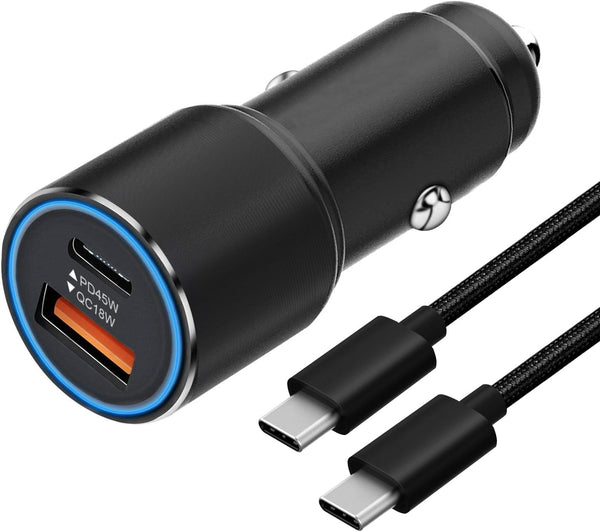 63W Super Fast Car Charger and Cable for Galaxy S23 S22 S24 Plus Ultra/S21 S20 FE, 2-Port (USB C 45W + USB A 18W)