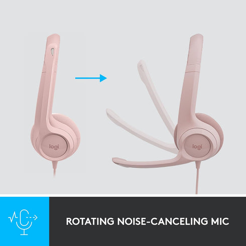 Logitech H390 Wired Headset for PC/Laptop, Stereo Headphones with Noise Cancelling Microphone, USB-A, Rose