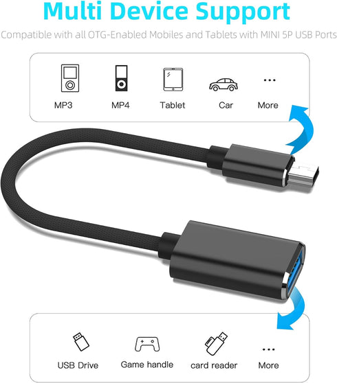 Mini USB OTG Cable - Braided Adapter for Digital Cameras, USB A Female to Mini USB B 5-pin Male