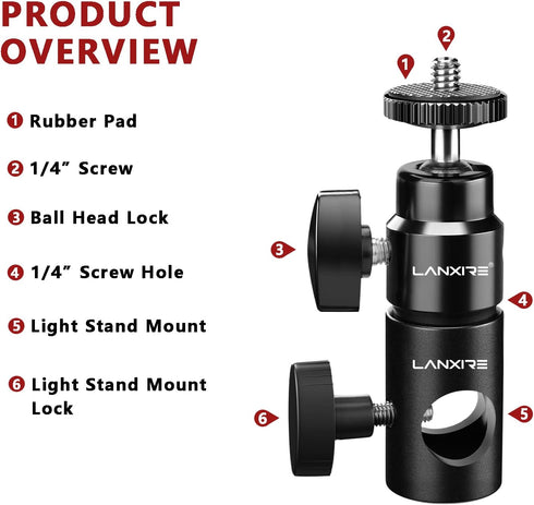 Light Stand Mount Adapter with Mini Ball Head 1/4" Screw - Fits C Stand, Boom Arm, Camera Monitor, Max Load 4.4lb