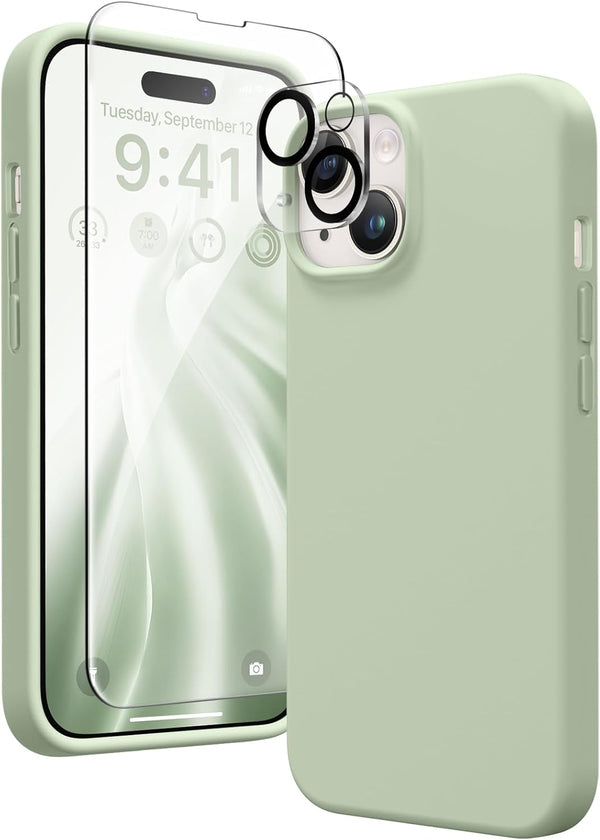 GONEZ Silicone Case for iPhone 14 with 2X Screen Protector & 2X Camera Lens Protector, Liquid Shockproof Cover, Pastel