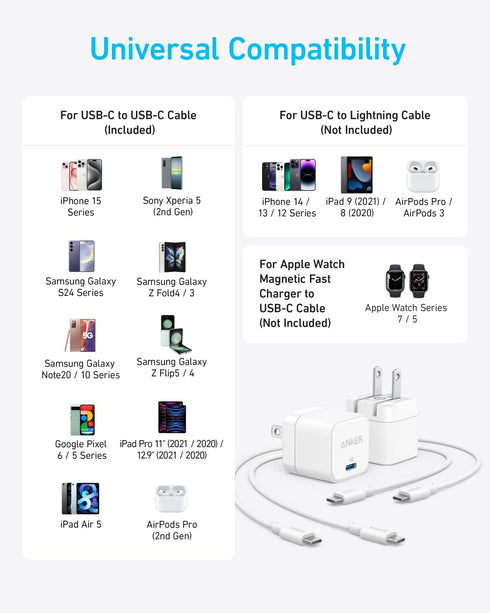 Anker Charger, 2-Pack 20W Fast Charger with Foldable Plug and USB-C to C Cables, for iPhone 15/15 Plus/15 Pro/15 Pro