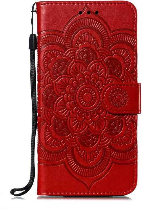 LEECOCO for Samsung S10e Case, Mandala Embossing Luxury PU Leather Flip Notebook Wallet Cover, Red