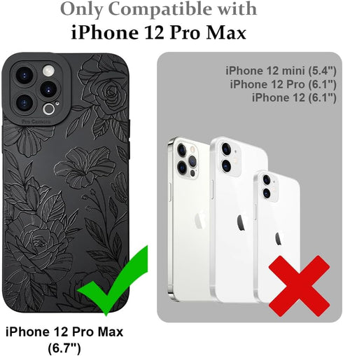 LSL iPhone 12 Pro Max Case, Black Floral Flower Pattern Print, Soft TPU Full Camera Lens Anti-Drop Anti-Scratch