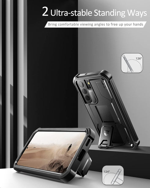 Dexnor Heavy Duty Case for Samsung Galaxy S22 Plus, Black, with Built-in Screen Protector & Kickstand, Shockproof