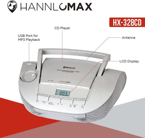 HANNLOMAX HX-328CD Portable CD Boombox with AM/FM Radio, Bluetooth, USB Port for MP3 Playback (Silver)