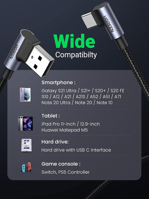UGREEN 90 Degree USB to USB C Cable, 1.6FT Fast Charging for iPhone 15, Samsung Galaxy S10, Pixel 7, LG G8, Switch.