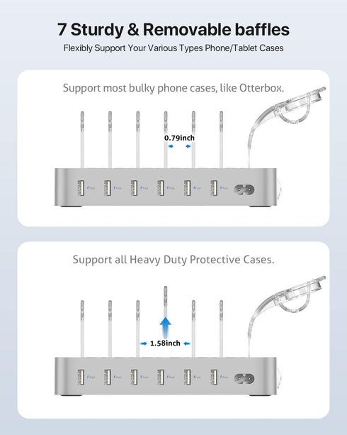 SooPii Premium 6-Port USB Charging Station Organizer for Multiple Devices, Silver