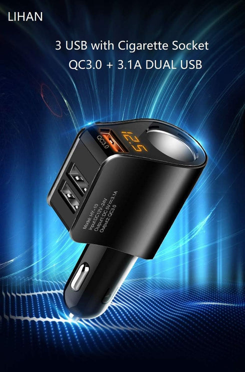 LIHAN Cigarette Lighter Socket Adapter, Car Charger QC3.0, 12V/24V Outlet Plug Splitter with Multi USB Ports
