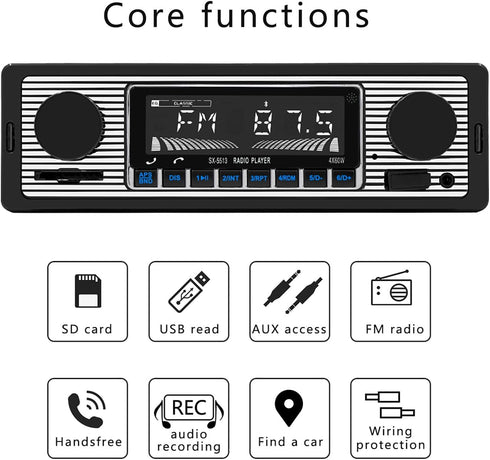 Classic Single Din Car Radio with Bluetooth, FM Radio, Hands-Free Calling, USB/SD/AUX Port, Remote Control
