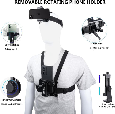 TANSUO Chest Mount Strap Harness Head Strap, Quick Release Chesty Body Mount with Phone Clip, Head Strap+Chest Strap