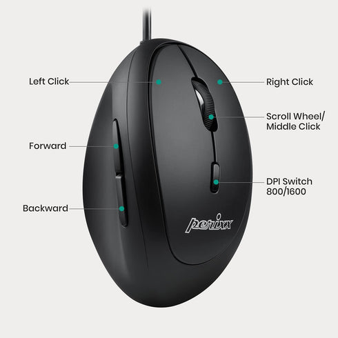 Perixx PERIMICE-519 Wired Ergonomic Vertical Mouse, Portable Small Design, Right Handed, 105x67x58 mm, Black