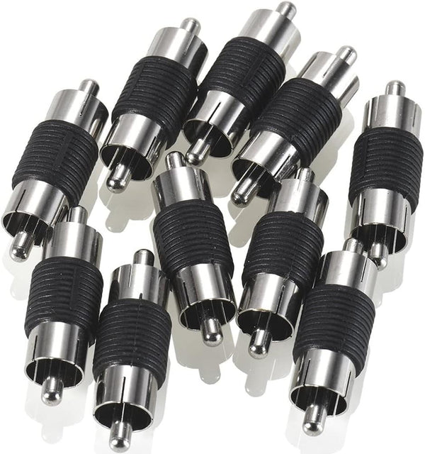 RCA Male to Male Coupler - 10-Pack, Dual Male Connector RCA M-M Adapter, Nickel Plated
