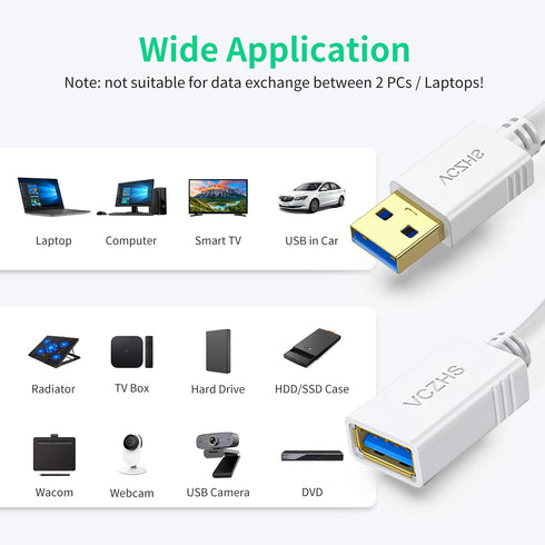 USB 3.0 Extension Cable, 3 ft White, Male to Female for USB Devices, Flash Drive, Card Reader, Printer