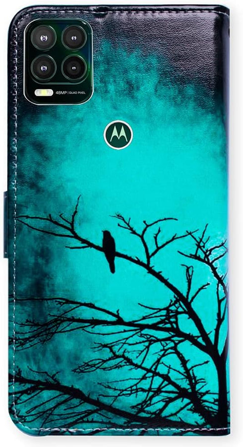 Black Bird Green Leather Flip Case for Moto G Stylus 5G, Wallet Cover with Card Slot Holder, Not Fit G Stylus 4G