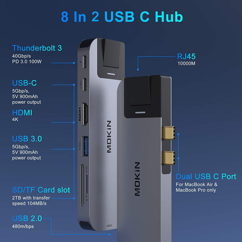 MOKiN USB C Multiport Adapter Hub for MacBook Pro/Air, 4K HDMI, Gigabit Ethernet, 2 USB, TF/SD Card Reader, 100W PD