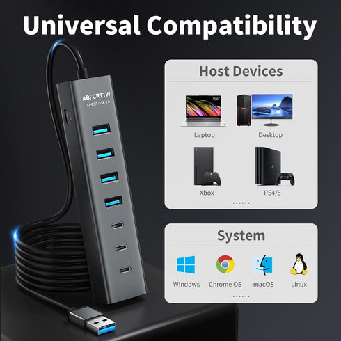 ABFCRTTW 4Ft 7-Port 3.0 4 3 5Gbps USB Hub for Desktop, USB-A & USB-C Ports Aluminium USB Extender Hub, USB Splitter