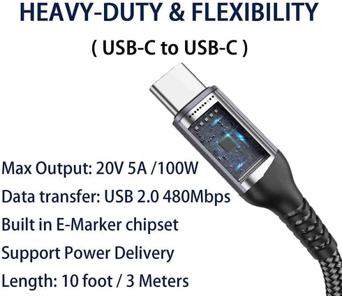 15FT USB C to USB C Cable 100W/5A, Fast Charging PD Charger for iPhone 15 Pro Max, MacBook, iPad, Samsung, PS5, Xbox.