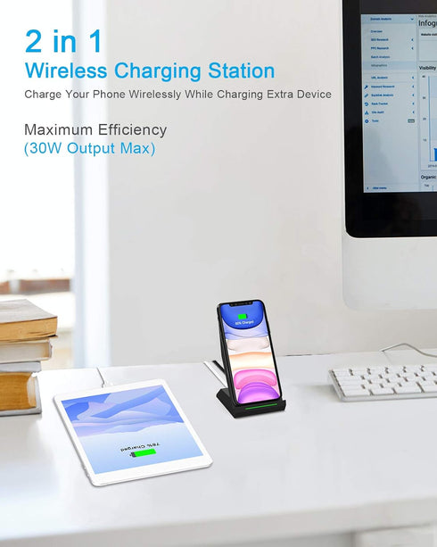 NANAMI 30W Max Wireless Charger, Qi Certified Fast Charging Stand with USB-A Port, Compatible with iPhone