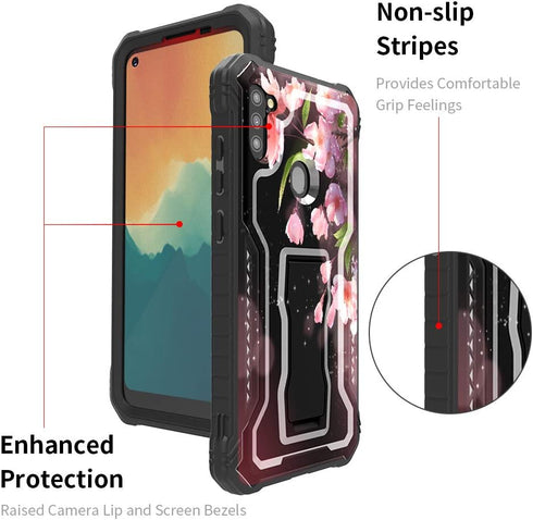 FITO Durable Shockproof Case for Samsung Galaxy A11, with Screen Protector and Built-in Kickstand, Pink Flowers