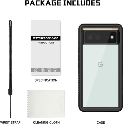 Lanhiem for Google Pixel 6 Case, IP68 Waterproof Dustproof with Built-in Screen Protector, Heavy Duty Black/Clear