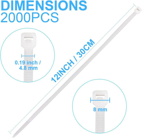 White Zip Ties 12 Inch Heavy Duty, 2000 Pack with 50 lbs Tensile Strength, UV Resistant Industrial Cable Ties for