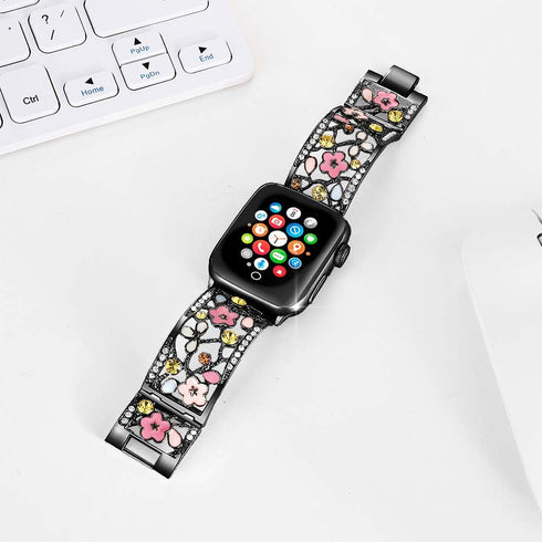 Floral Bracelet Compatible with Apple Watch Band 38mm 40mm 41mm 42mm iWatch Bands Series 10 9 8 7 6 SE, Bling Crystal