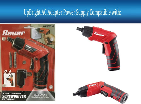 UpBright 5V AC/DC Adapter Compatible with Bauer Model 1894F-B 1894FB 4V 1500mAh 4 Volt Lithium Li-Ion Battery 1/4 Cordless Screwdriver & Flashlight Item 64313 5VDC 0.5A 500mA Power Supply Cord Charger