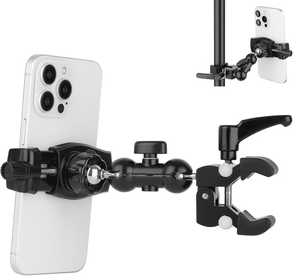 Phone Holder Clamp Mount for Treadmill/Spin Bike/Baby Stroller, Compatible with 3.5~7.5" Smartphones, 360° Adjustable