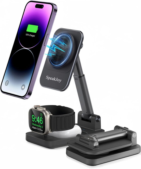 3 in 1 Foldable Wireless Charging Station for Apple Products, Adjustable Phone Charger Stand, Travel Dock for