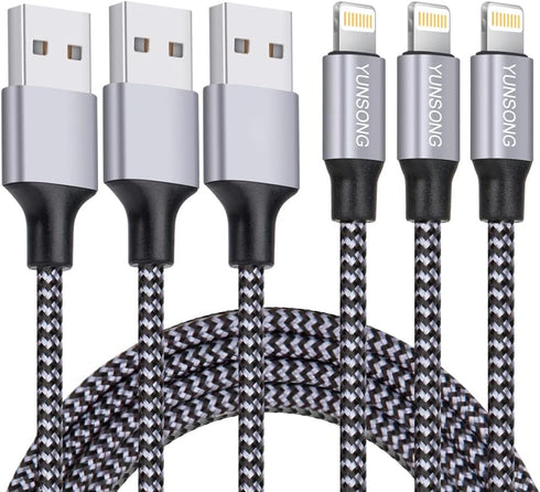 MFi Certified iPhone Charger 3-Pack: 6FT Nylon Braided Lightning Cable for Fast Charging & Data Sync, Compatible with