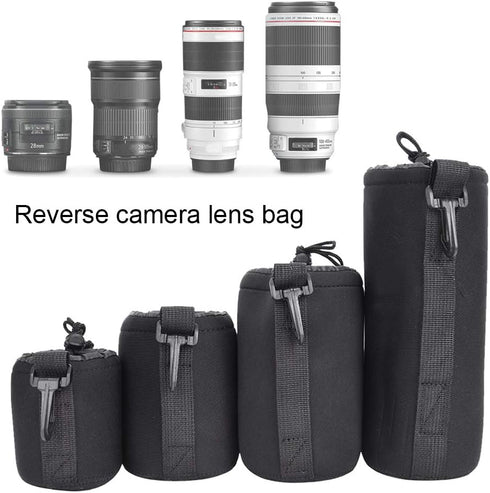 Lens Pouch Set, 4PCS S M L XL Camera Storage Bags Portable Neoprene Black Elastic Shock Absorption DSLR Cover Pouch Protective Cases Thick Large Pouches