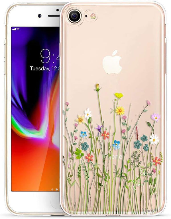 Unov Case for iPhone SE (2022), iPhone SE (2020), iPhone 8, iPhone 7, Clear with Embossed Floral Pattern, TPU Soft