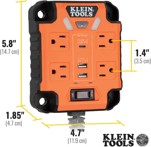 Klein Tools 29601 Magnetic Power Strip with Surge Protector, 4 Outlets, 3 USB Ports, 5-Foot Cord