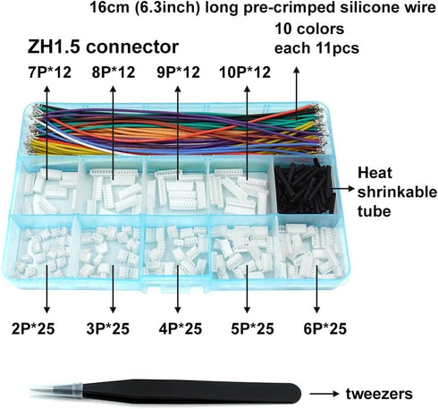 ZH 1.5MM Connectors and 28AWG Pre-Crimped Silicone Cables kit Compatible with JST ZH 1.5 Connector 2/3/4/5/6/7/8/9/10 Pin Housing Adapter Cable with Length of 160mm (6.3inch) Wire