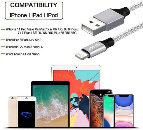 Apple MFi Certified 6-Pack Lightning Cables (3/3/6/6/6/10FT) for iPhone 14 Pro/13/12/11 - Fast Charging, Silver & White.