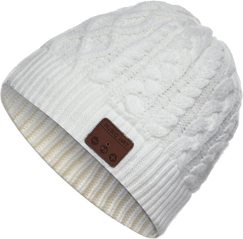 Wireless Beanie Hat with Headphone, Music Hat Winter Cap with Stereo Headset Speaker Microphone (White)