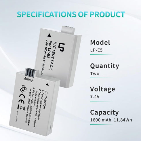 LP E5 Battery Pack, 2-Pack 1600mAh Battery Compatible with Canon EOS Rebel XS, T1i, 1000D, and More