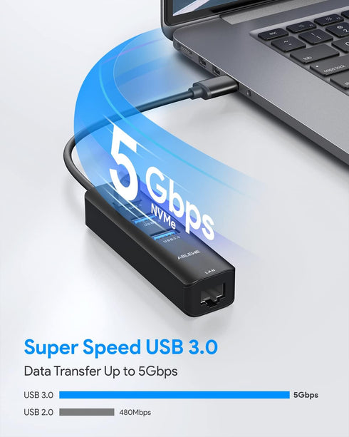 USB to Ethernet Adapter, ABLEWE 3 Ports USB 3.0 Hub with RJ45 1Gbps Gigabit Ethernet Adapter, for MacBook Air 2017,